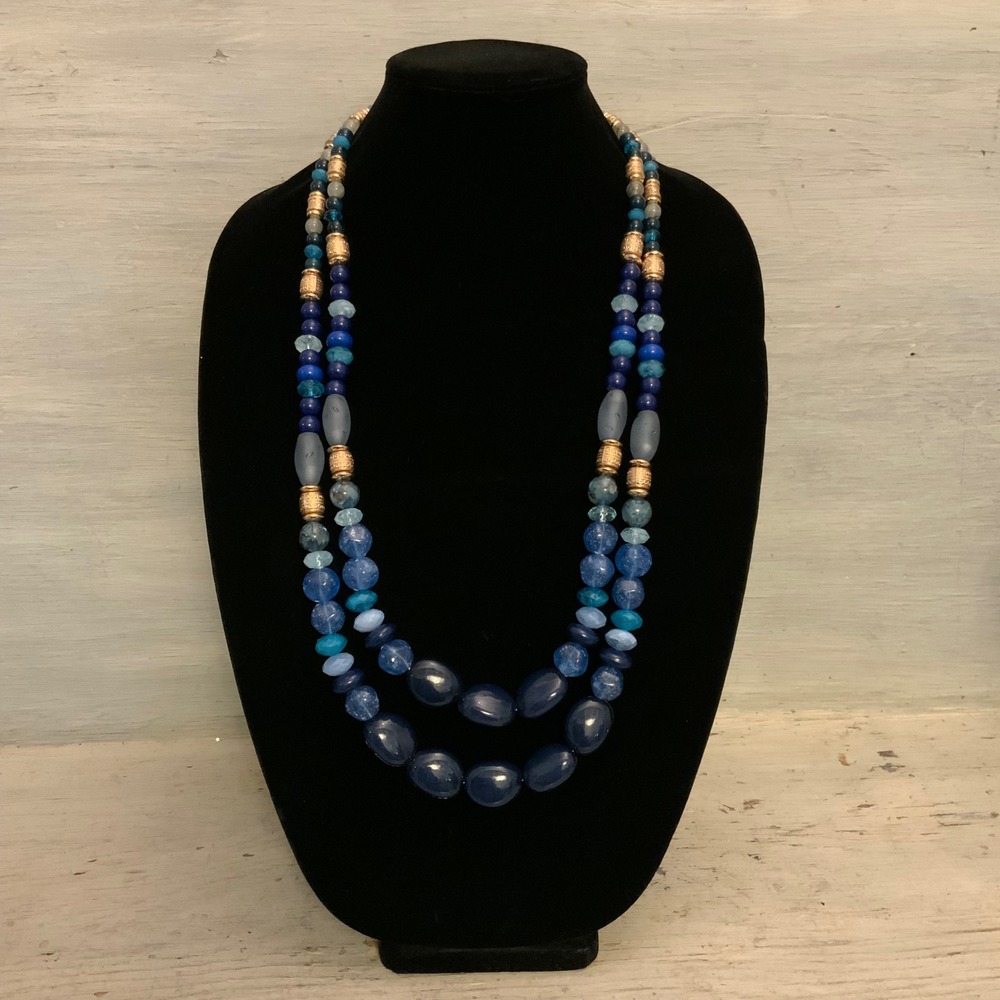 Blue Double Strand Multi Textured Boho Beaded Statement Necklace 32.5-35.5" GC